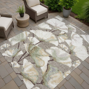 HomeRoots 8' X 10' Botanical Leaves Area Rug - Durable, Washable, Versatile Indoor/Outdoor Decor in Taupe Ivory Beige 690732