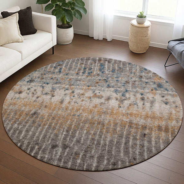 HomeRoots 8' Round Abstract Area Rug in Taupe, Merlot & Copper - Washable, Durable, Indoor/Outdoor Style! 690749
