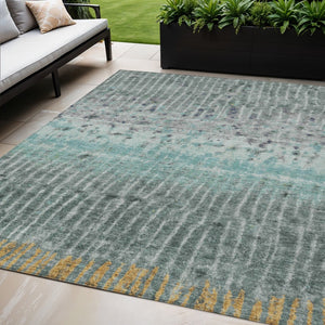 HomeRoots 5' X 8' Teal Blue Gold Gray Abstract Area Rug - Washable, Durable Indoor/Outdoor Modern Design 690754