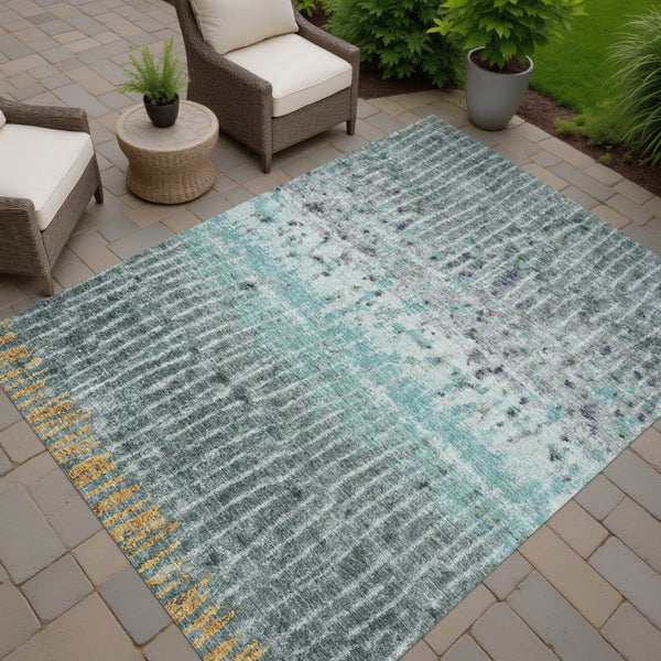 HomeRoots 5' X 8' Teal Blue Gold Gray Abstract Area Rug - Washable, Durable Indoor/Outdoor Modern Design 690754