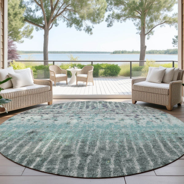 HomeRoots 8' Teal Blue Gold and Gray Abstract Round Rug - Washable, Durable for Indoor/Outdoor Spaces! 690755