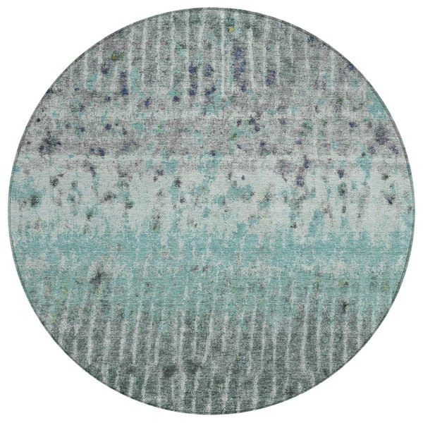 HomeRoots 8' Teal Blue Gold and Gray Abstract Round Rug - Washable, Durable for Indoor/Outdoor Spaces! 690755