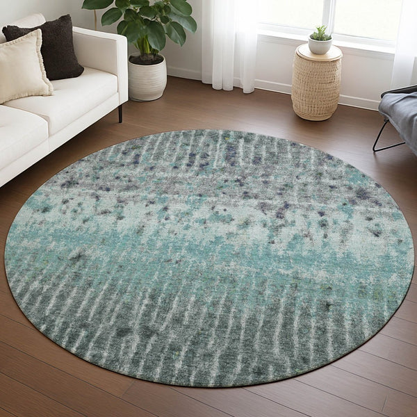 HomeRoots 8' Teal Blue Gold and Gray Abstract Round Rug - Washable, Durable for Indoor/Outdoor Spaces! 690755
