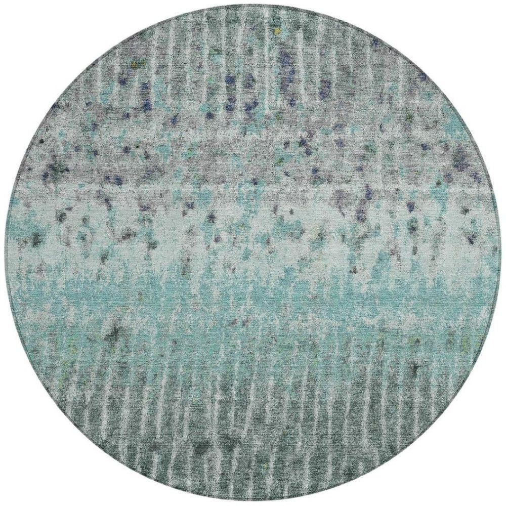 HomeRoots 8' Teal Blue Gold and Gray Abstract Round Rug - Washable, Durable for Indoor/Outdoor Spaces! 690755