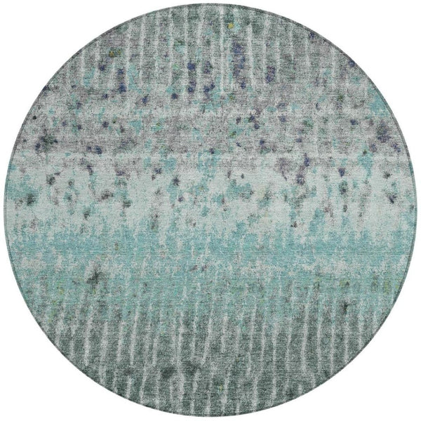 HomeRoots 8' Teal Blue Gold and Gray Abstract Round Rug - Washable, Durable for Indoor/Outdoor Spaces! 690755