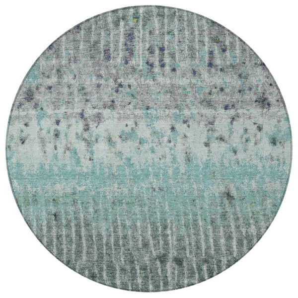 HomeRoots 8' Teal Blue Gold and Gray Abstract Round Rug - Washable, Durable for Indoor/Outdoor Spaces! 690755