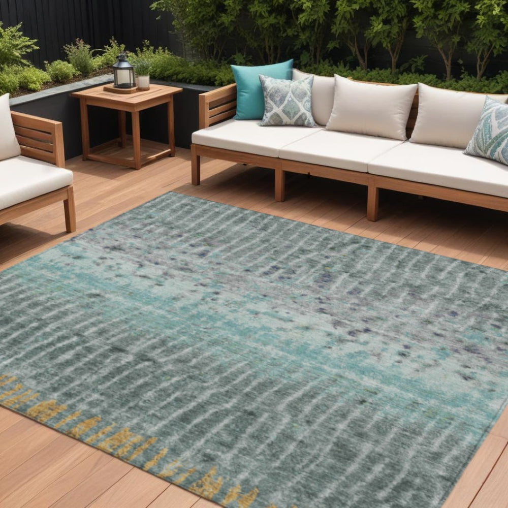 HomeRoots 9' X 12' Abstract Teal Blue Gold Gray Washable Area Rug – Stylish Indoor/Outdoor Durable Design 690757
