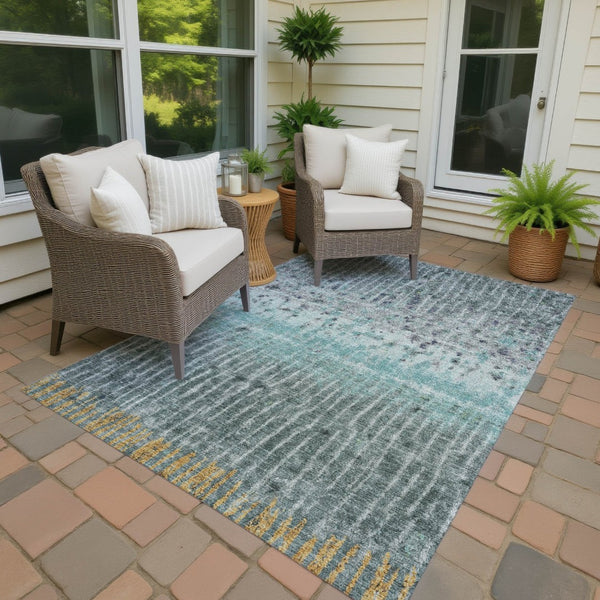 HomeRoots 10' Teal Blue Gold Gray Abstract Washable Area Rug – Durable, Stylish, Indoor/Outdoor Versatility! 690758