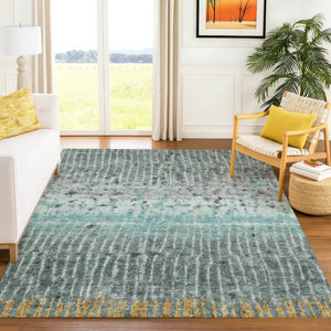 HomeRoots 10' Teal Blue Gold Gray Abstract Washable Area Rug – Durable, Stylish, Indoor/Outdoor Versatility! 690758