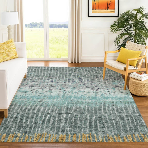 HomeRoots 10' Teal Blue Gold Gray Abstract Washable Area Rug – Durable, Stylish, Indoor/Outdoor Versatility! 690758