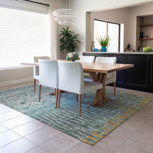 HomeRoots 10' Teal Blue Gold Gray Abstract Washable Area Rug – Durable, Stylish, Indoor/Outdoor Versatility! 690758