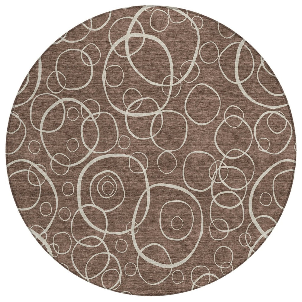 HomeRoots 8' Washable Brown and Beige Round Geometric Area Rug for Indoor & Outdoor High-Traffic Spaces 690773