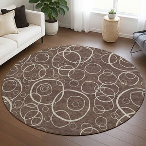 HomeRoots 8' Washable Brown and Beige Round Geometric Area Rug for Indoor & Outdoor High-Traffic Spaces 690773