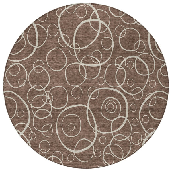 HomeRoots 8' Washable Brown and Beige Round Geometric Area Rug for Indoor & Outdoor High-Traffic Spaces 690773
