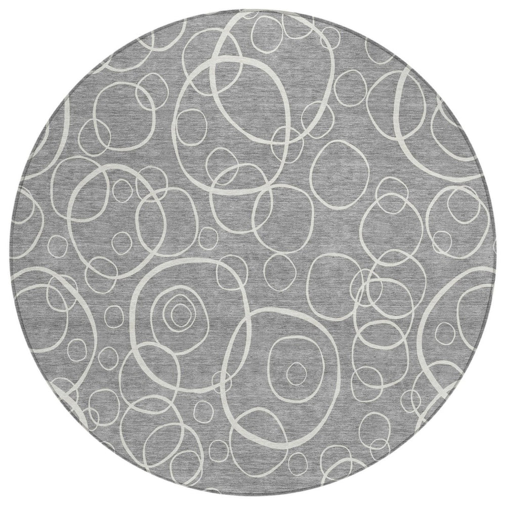 HomeRoots 8' Gray and Ivory Round Geometric Washable Area Rug for Indoor & Outdoor Use – Durable & Stylish! 690779