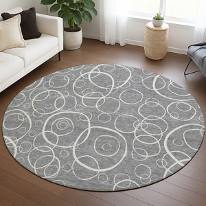 HomeRoots 8' Gray and Ivory Round Geometric Washable Area Rug for Indoor & Outdoor Use – Durable & Stylish! 690779