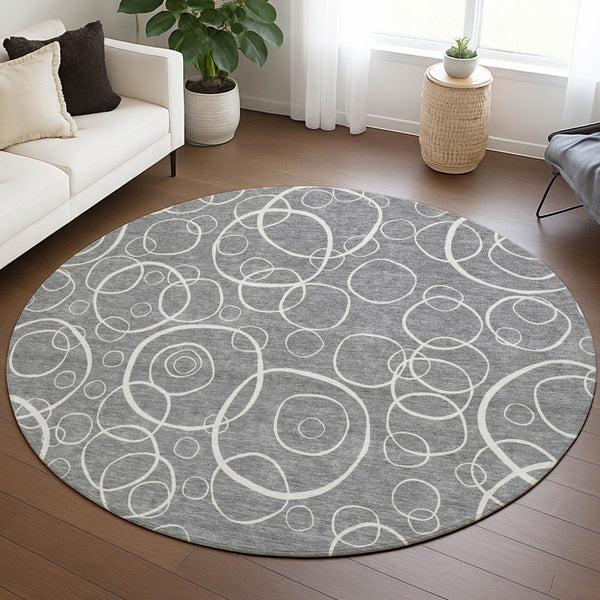 HomeRoots 8' Gray and Ivory Round Geometric Washable Area Rug for Indoor & Outdoor Use – Durable & Stylish! 690779