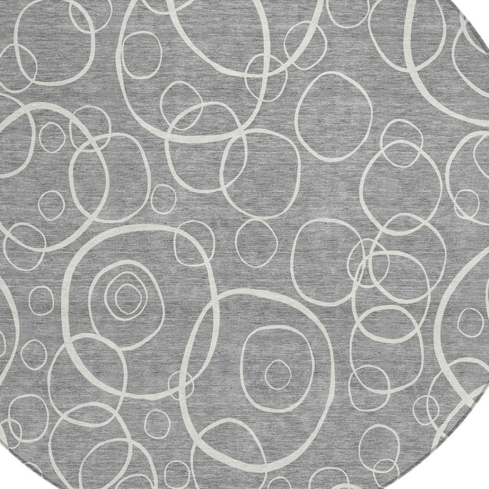 HomeRoots 8' Gray and Ivory Round Geometric Washable Area Rug for Indoor & Outdoor Use – Durable & Stylish! 690779