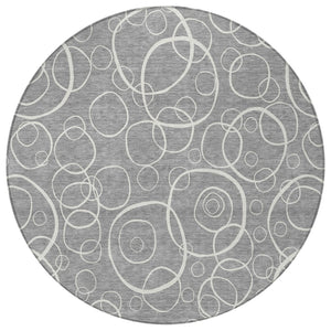 HomeRoots 8' Gray and Ivory Round Geometric Washable Area Rug for Indoor & Outdoor Use – Durable & Stylish! 690779