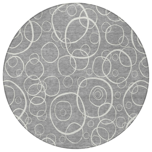 HomeRoots 8' Gray and Ivory Round Geometric Washable Area Rug for Indoor & Outdoor Use – Durable & Stylish! 690779
