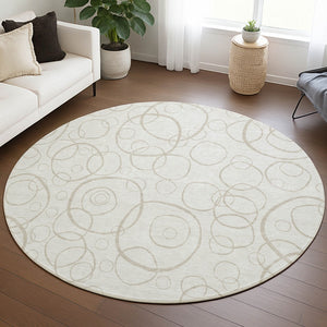 HomeRoots 8' Ivory and Beige Round Geometric Area Rug – Stylish, Washable Indoor/Outdoor Design for Any Space! 690785