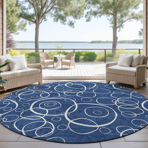 HomeRoots 8' Navy Blue and Ivory Round Geometric Area Rug - Washable, Durable, Stylish for Indoor & Outdoor Use 690791