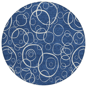 HomeRoots 8' Navy Blue and Ivory Round Geometric Area Rug - Washable, Durable, Stylish for Indoor & Outdoor Use 690791
