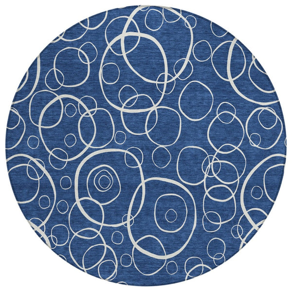 HomeRoots 8' Navy Blue and Ivory Round Geometric Area Rug - Washable, Durable, Stylish for Indoor & Outdoor Use 690791