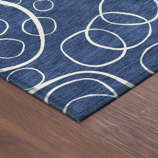 HomeRoots 8' Navy Blue and Ivory Round Geometric Area Rug - Washable, Durable, Stylish for Indoor & Outdoor Use 690791