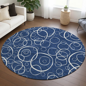 HomeRoots 8' Navy Blue and Ivory Round Geometric Area Rug - Washable, Durable, Stylish for Indoor & Outdoor Use 690791