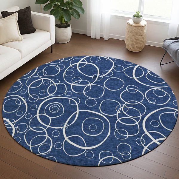 HomeRoots 8' Navy Blue and Ivory Round Geometric Area Rug - Washable, Durable, Stylish for Indoor & Outdoor Use 690791