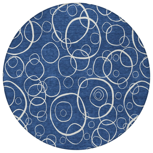 HomeRoots 8' Navy Blue and Ivory Round Geometric Area Rug - Washable, Durable, Stylish for Indoor & Outdoor Use 690791