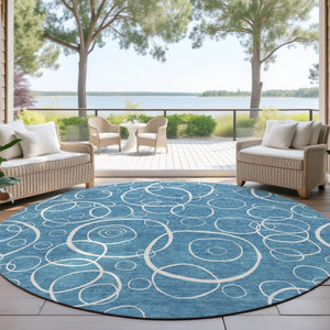 HomeRoots 8' Teal Blue Geometric Round Area Rug - Washable, Durable & Stylish for Indoor/Outdoor Spaces 690797
