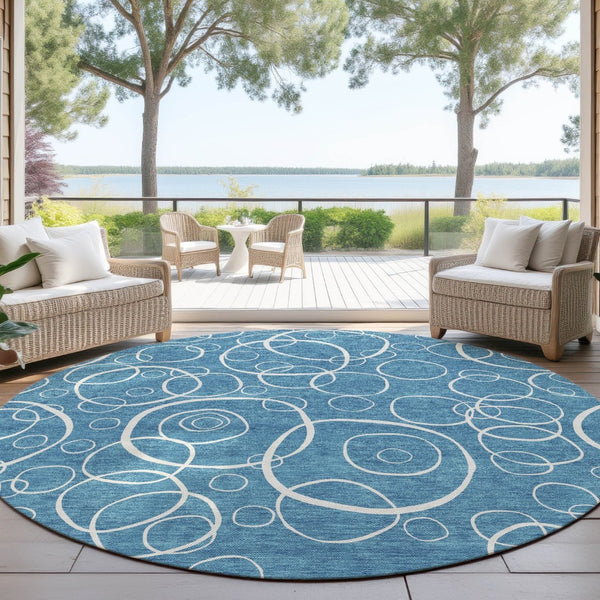 HomeRoots 8' Teal Blue Geometric Round Area Rug - Washable, Durable & Stylish for Indoor/Outdoor Spaces 690797