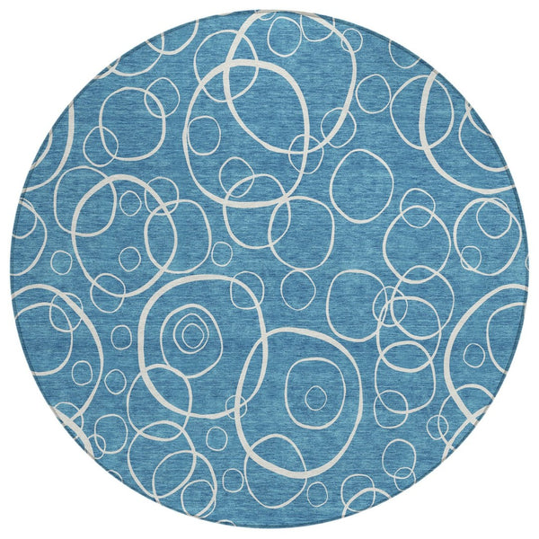 HomeRoots 8' Teal Blue Geometric Round Area Rug - Washable, Durable & Stylish for Indoor/Outdoor Spaces 690797