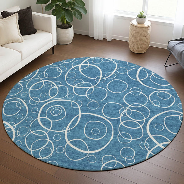 HomeRoots 8' Teal Blue Geometric Round Area Rug - Washable, Durable & Stylish for Indoor/Outdoor Spaces 690797