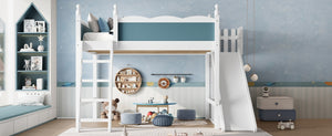English Elm Queen Loft Bed With Storage Shelves, Fun Detachable Slide, Solid Wood Design, Blue & White Finish W1580S00249-GIGA