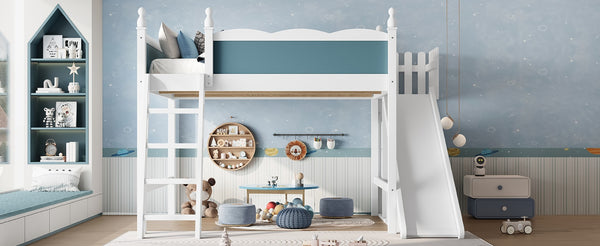 English Elm Queen Loft Bed With Storage Shelves, Fun Detachable Slide, Solid Wood Design, Blue & White Finish W1580S00249-GIGA
