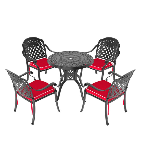 English Elm 5-piece Cast Aluminum Outdoor Dining Set with Ornate Patterned Frame and Weather Cushions W1710S00542