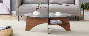 English Elm Oval Tempered Glass Coffee Table with Wood Grain Legs and Built-in Fan Tray Shelf W1151P256008