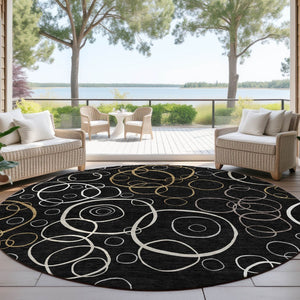 HomeRoots 8' Modern Geometric Washable Round Rug - Stylish Black, Ivory & Brown Design for Indoor/Outdoor Use 690803