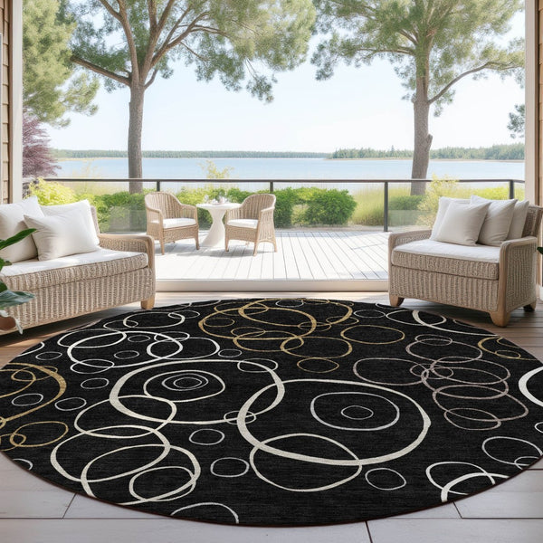 HomeRoots 8' Modern Geometric Washable Round Rug - Stylish Black, Ivory & Brown Design for Indoor/Outdoor Use 690803