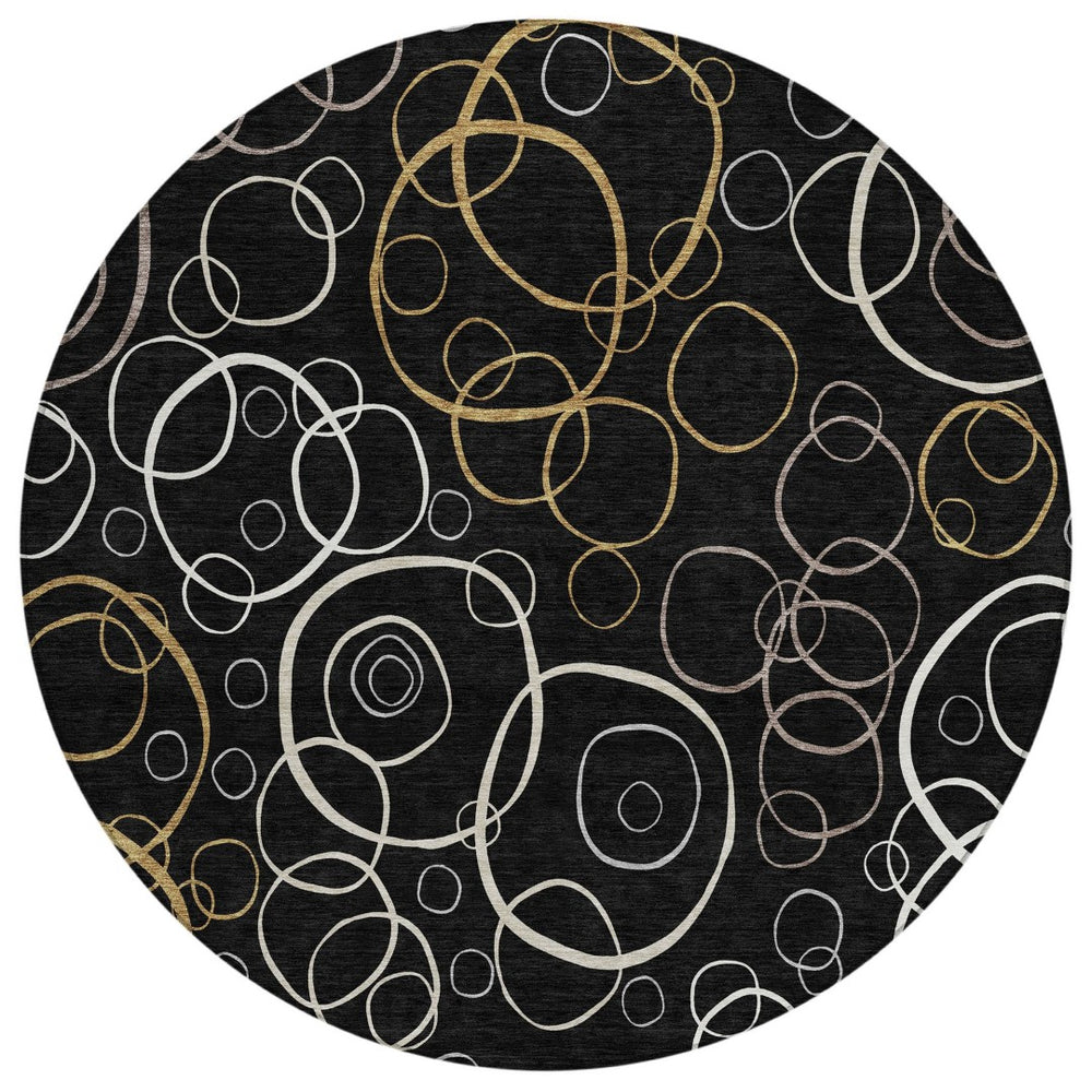 HomeRoots 8' Modern Geometric Washable Round Rug - Stylish Black, Ivory & Brown Design for Indoor/Outdoor Use 690803