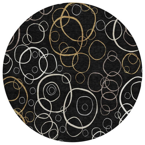 HomeRoots 8' Modern Geometric Washable Round Rug - Stylish Black, Ivory & Brown Design for Indoor/Outdoor Use 690803