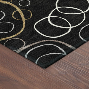HomeRoots 8' Modern Geometric Washable Round Rug - Stylish Black, Ivory & Brown Design for Indoor/Outdoor Use 690803