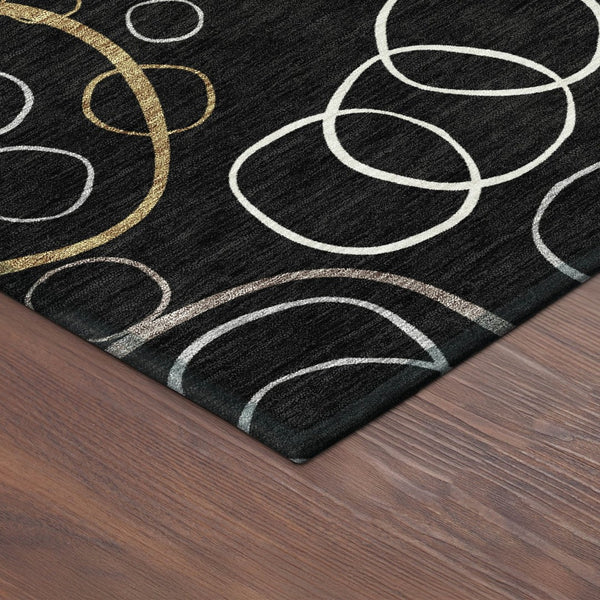 HomeRoots 8' Modern Geometric Washable Round Rug - Stylish Black, Ivory & Brown Design for Indoor/Outdoor Use 690803
