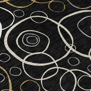 HomeRoots 8' Modern Geometric Washable Round Rug - Stylish Black, Ivory & Brown Design for Indoor/Outdoor Use 690803