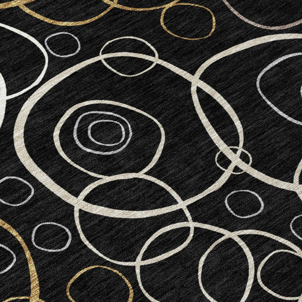 HomeRoots 8' Modern Geometric Washable Round Rug - Stylish Black, Ivory & Brown Design for Indoor/Outdoor Use 690803