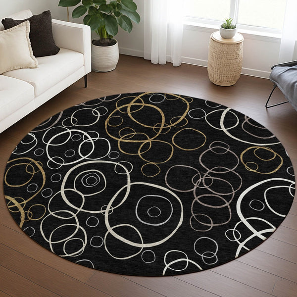 HomeRoots 8' Modern Geometric Washable Round Rug - Stylish Black, Ivory & Brown Design for Indoor/Outdoor Use 690803