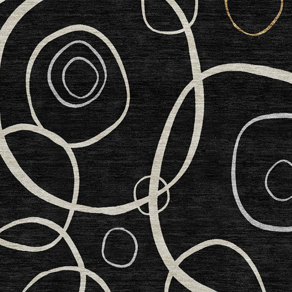 HomeRoots 8' Modern Geometric Washable Round Rug - Stylish Black, Ivory & Brown Design for Indoor/Outdoor Use 690803